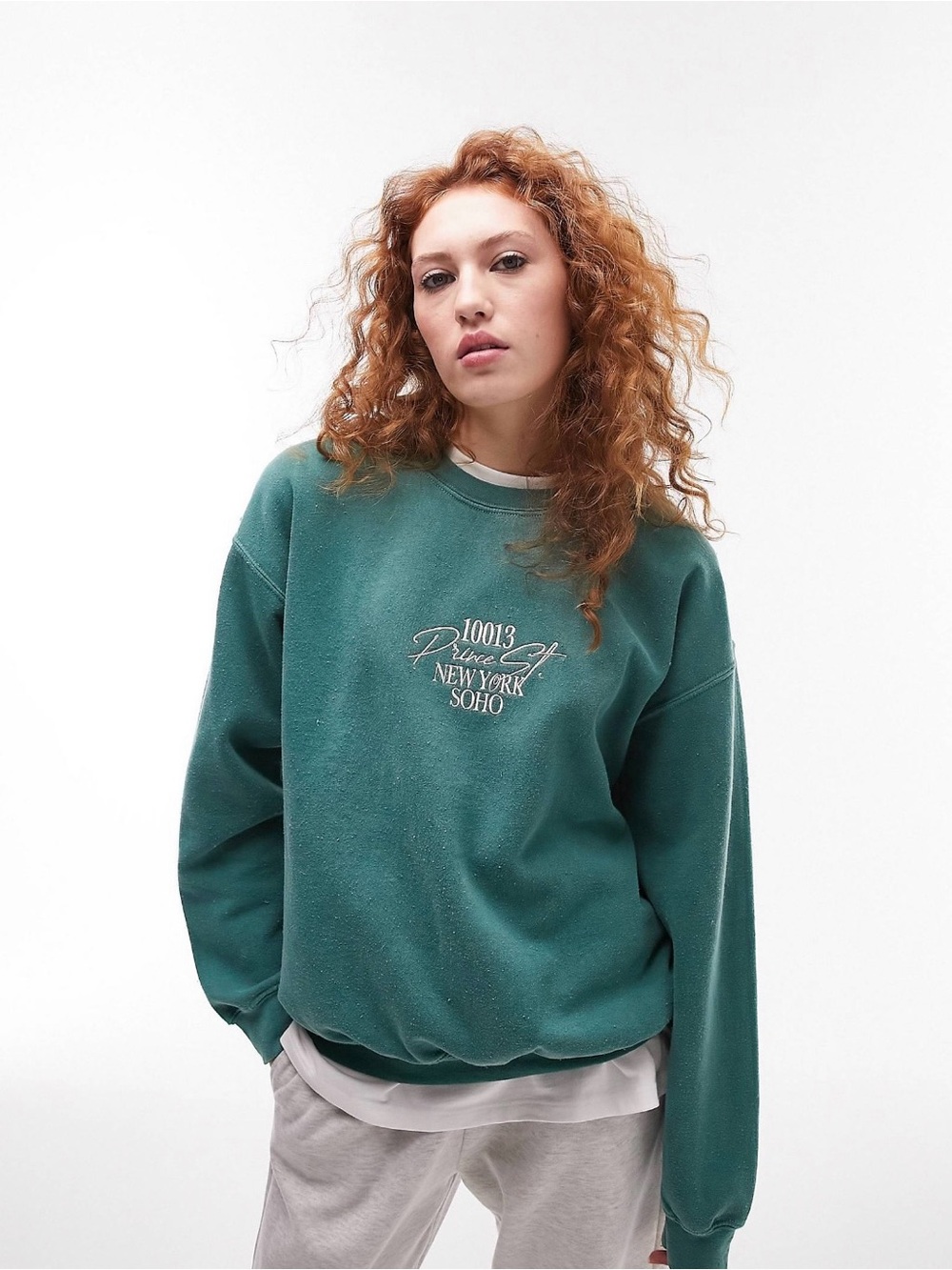ASOS TopShop Vintage-style Embroidered NY SoHo Graphic Sweatshirt in Green Sz XS